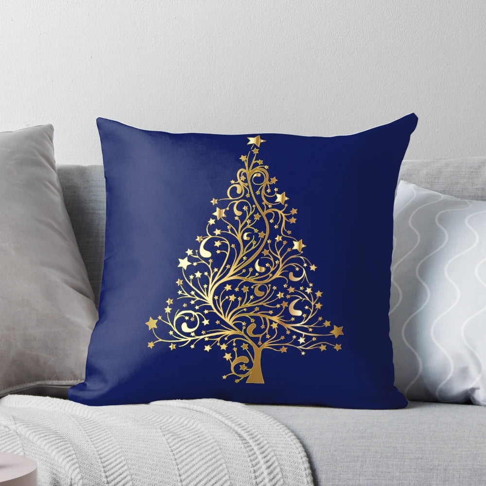 Glittering gold Christmas tree pillow with ornaments and stars for cozy winter home decor