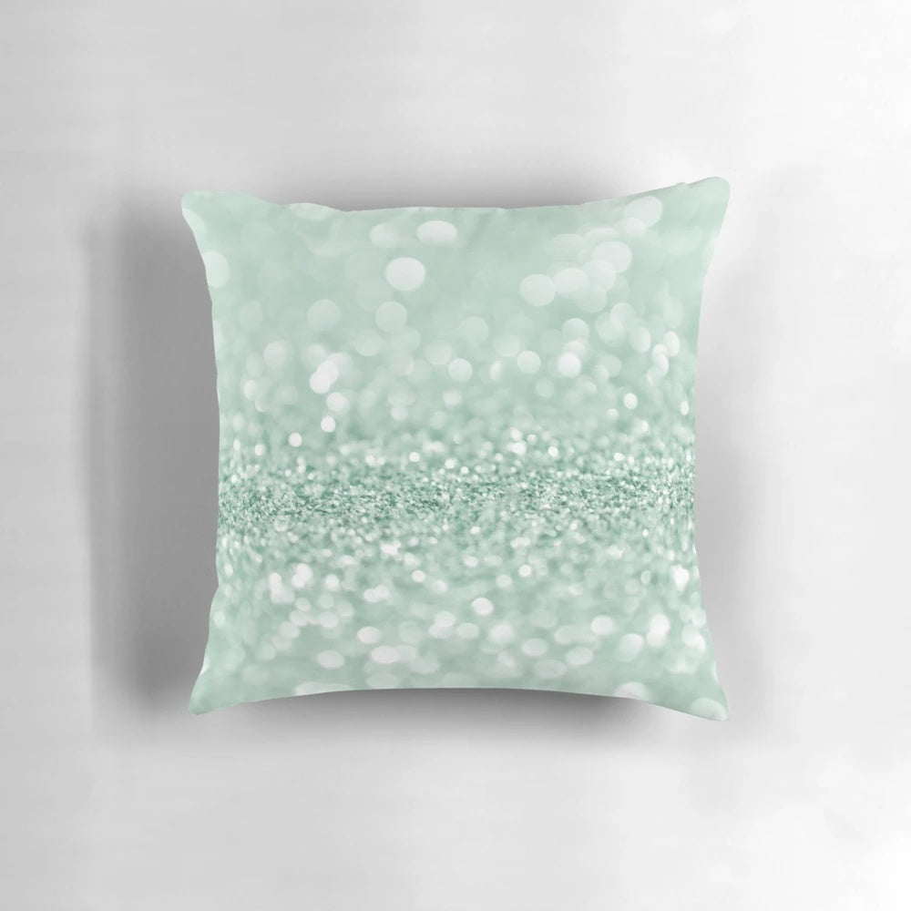 Glittering mint green decorative pillow with marble, stone, and crystal accents