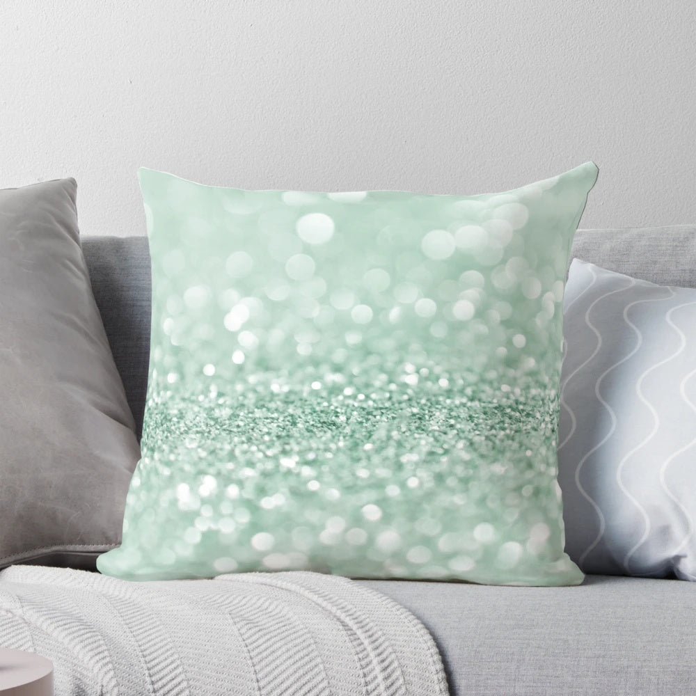 Glittering mint green decorative pillow with marble, stone, and crystal accents
