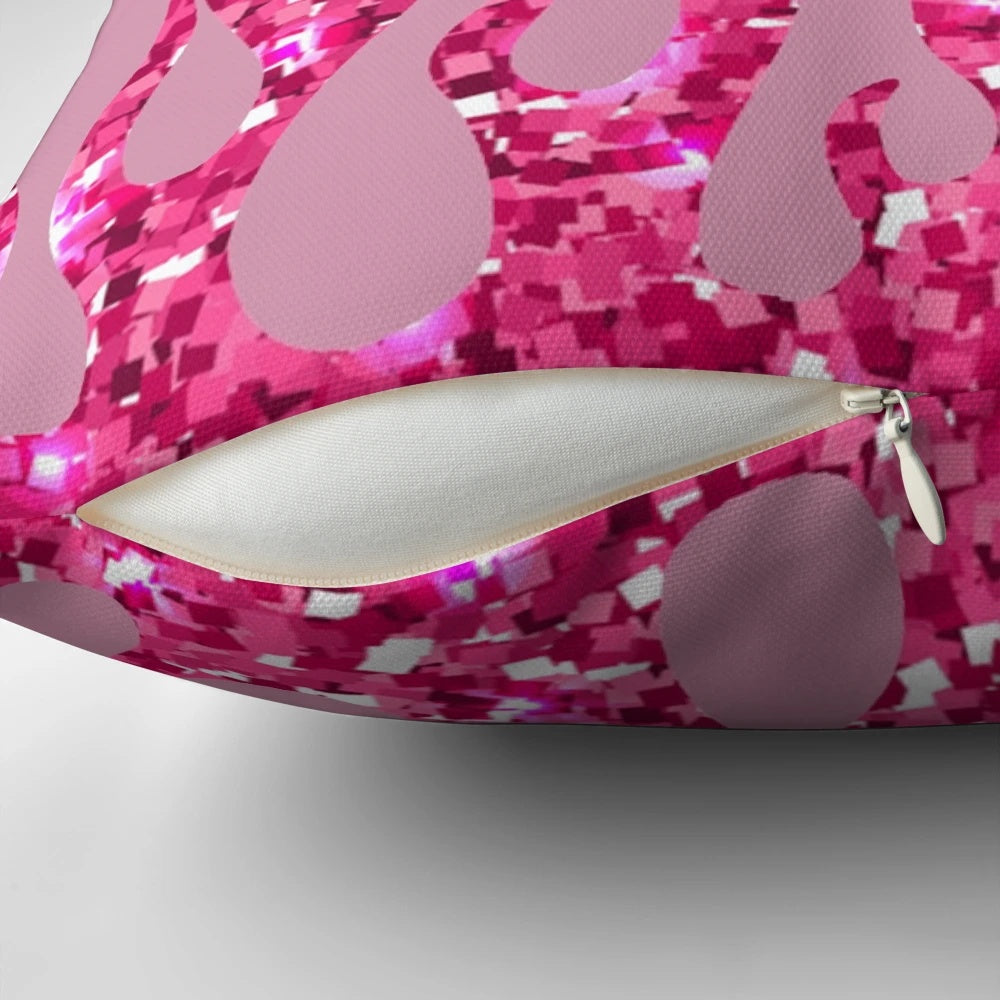 Vibrant pink pillow with glittering flames, perfect for a Y2K-inspired, retro aesthetic