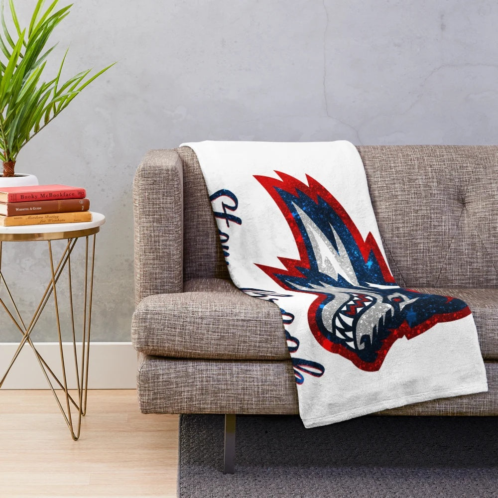 Glittering plush blanket with Stony Brook University design and Wolfie the Seawolf mascot
