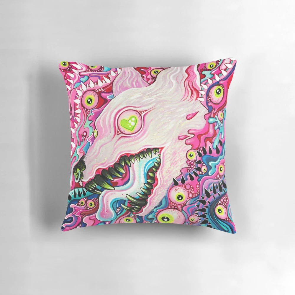 A plush, acrylic painting pillow featuring a glittering, gothic-inspired wolf design