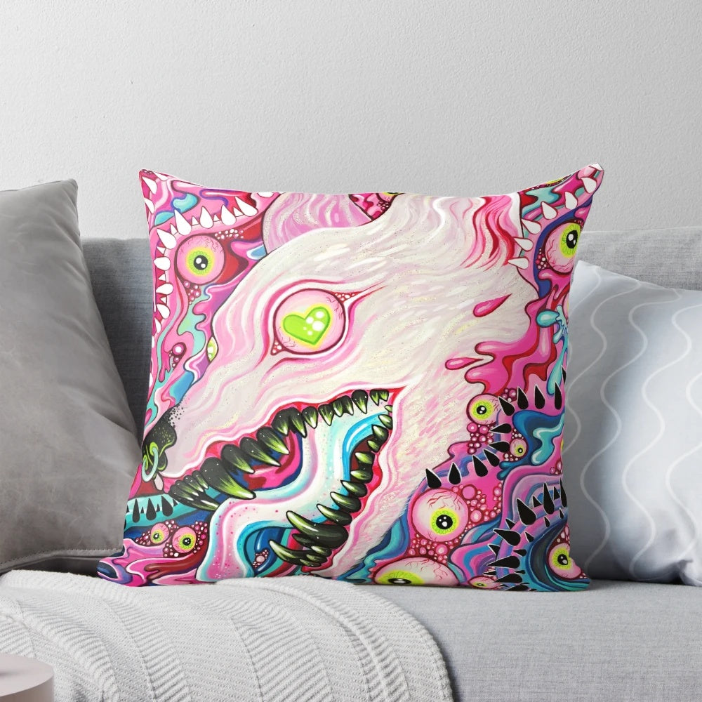 A plush, acrylic painting pillow featuring a glittering, gothic-inspired wolf design