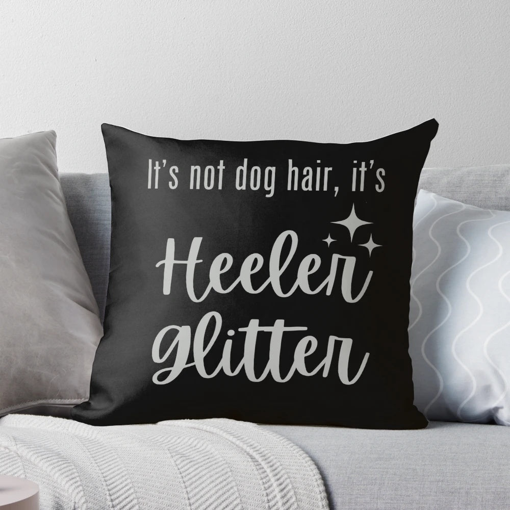 A vibrant blue and red glittery throw pillow featuring the pattern of an Australian Cattle Dog or "Heeler".