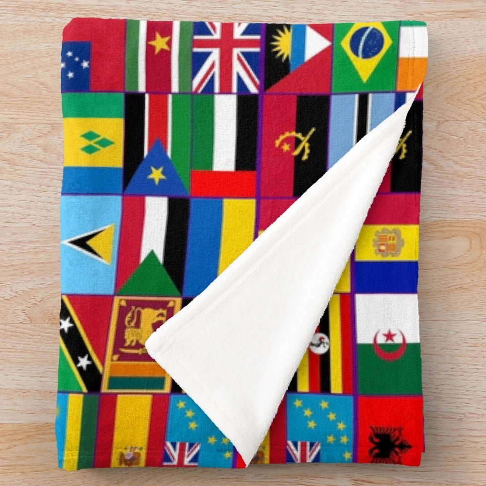 Plush blanket featuring a vibrant world flags design