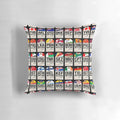 Airline luggage tag-inspired mosaic pillow with flags and IATA codes for worldwide destinations