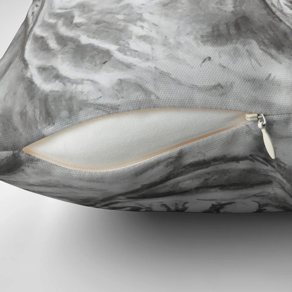 A cozy decorative pillow featuring a realistic sketch-style gargoyle design in shades of grey and black.