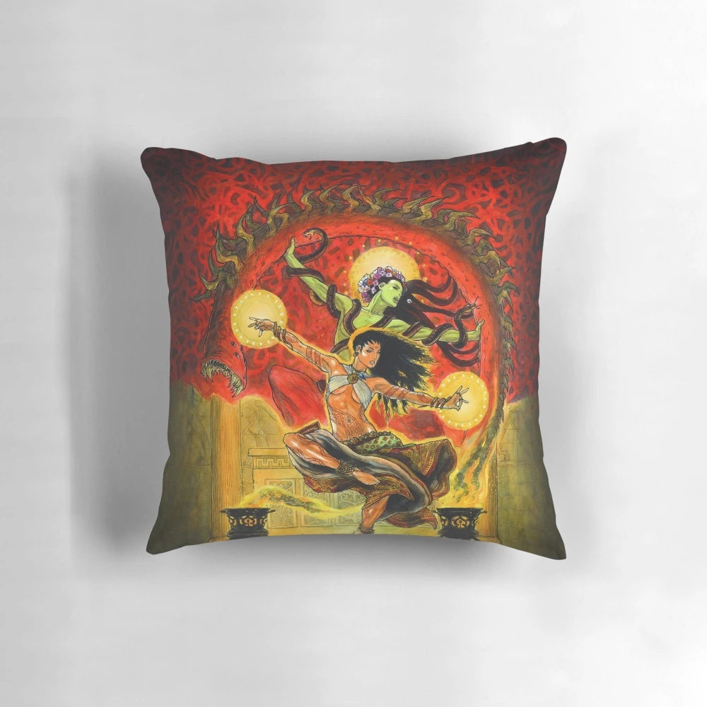 Pillow featuring the cover art of the Red Book of Magic from the Glorantha RPG universe, designed by artist Mark Smylie.
