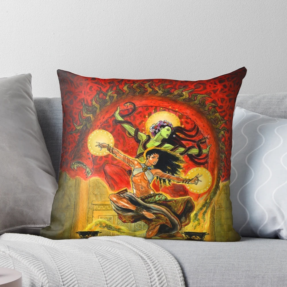 Pillow featuring the cover art of the Red Book of Magic from the Glorantha RPG universe, designed by artist Mark Smylie.