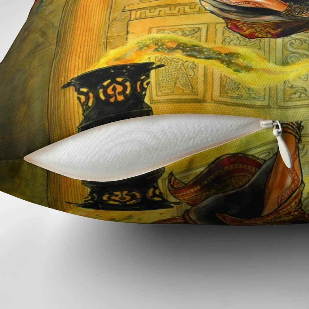 Pillow featuring the cover art of the Red Book of Magic from the Glorantha RPG universe, designed by artist Mark Smylie.