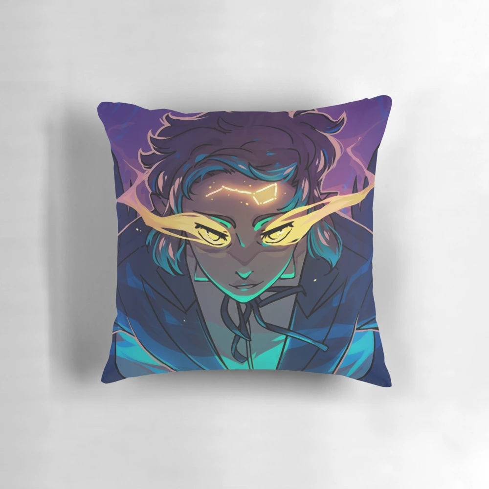 Alcor V1 Pillow with a dark, rainbow-colored design that glows in the dark, inspired by the Gravity Falls Transcendence AU