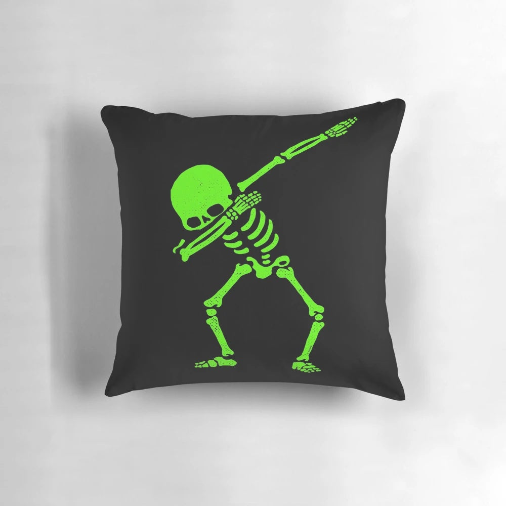 Glowing neon green dabbing skeleton pillow
