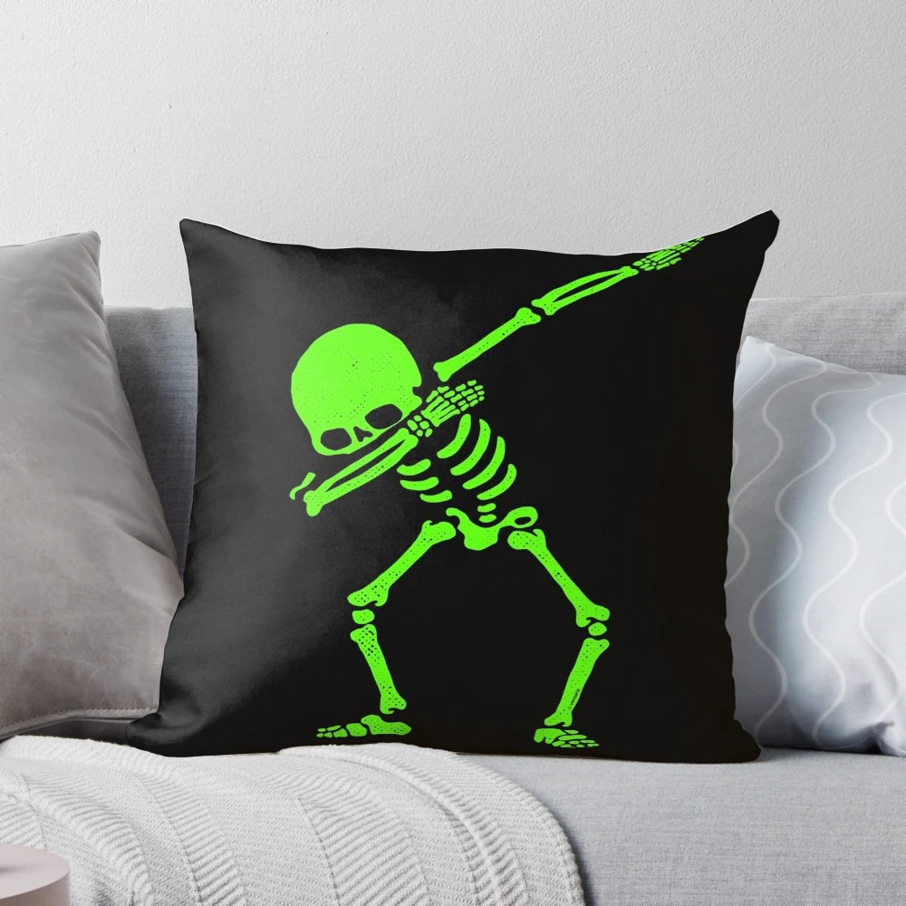 Glowing neon green dabbing skeleton pillow