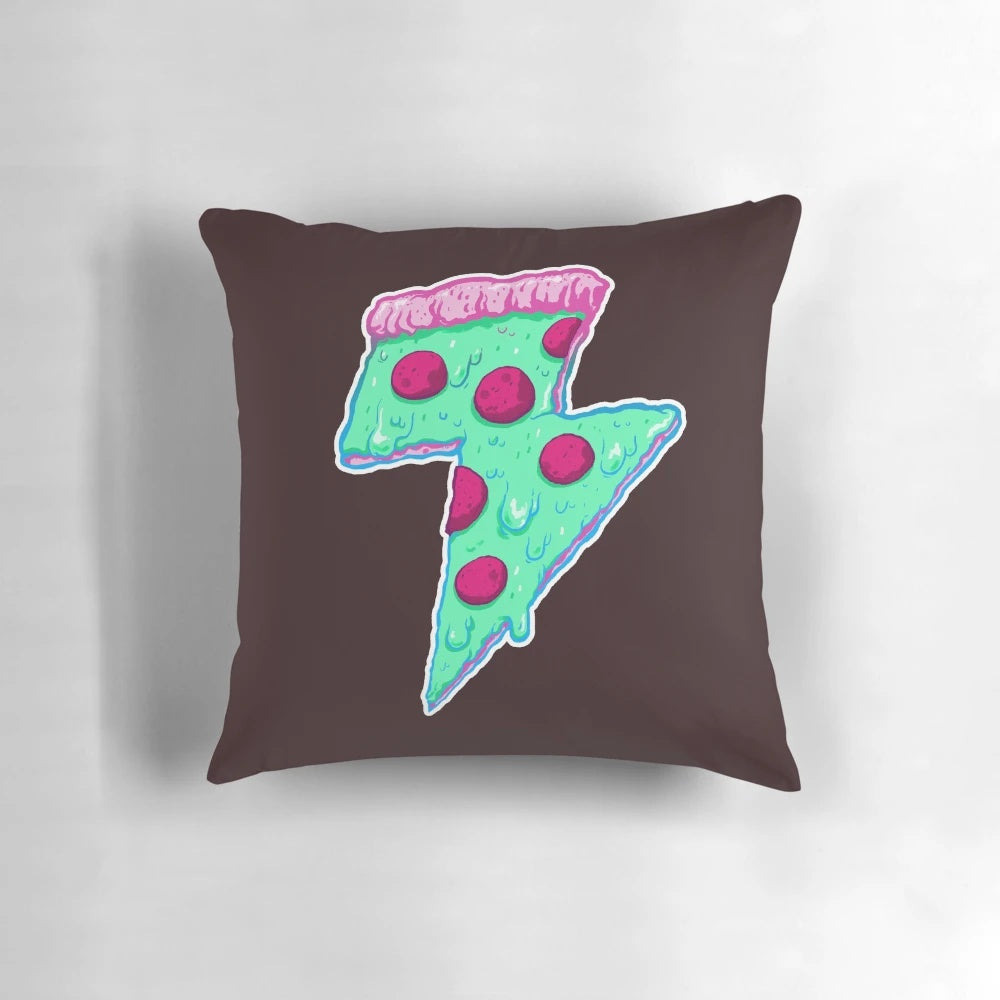 Glowing neon pizza pillow with a trippy, geometric design