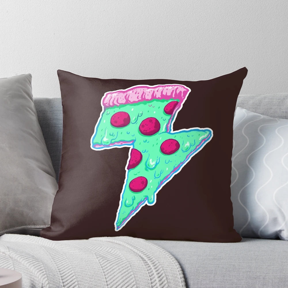 Glowing neon pizza pillow with a trippy, geometric design