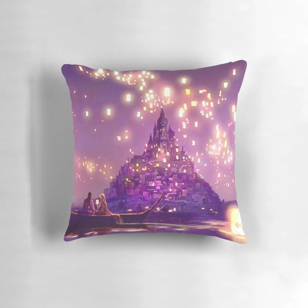 Glowing castle print on a purple pillow, perfect for a princess-themed room or Instagram-worthy aesthetic.