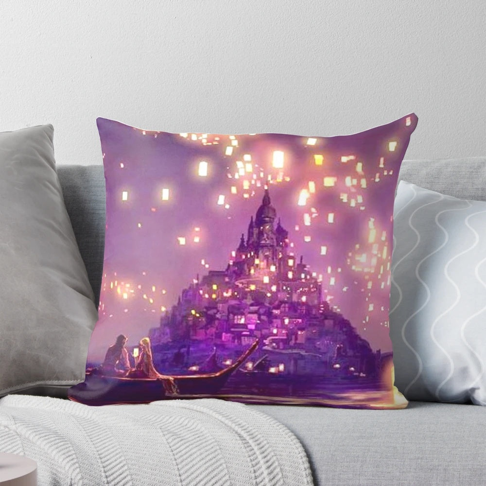 Glowing castle print on a purple pillow, perfect for a princess-themed room or Instagram-worthy aesthetic.