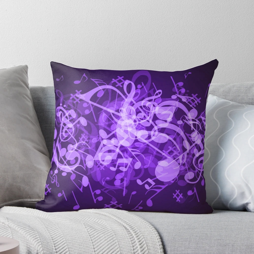A stylish purple pillow with glowing music notes and a treble clef design, perfect for music enthusiasts.