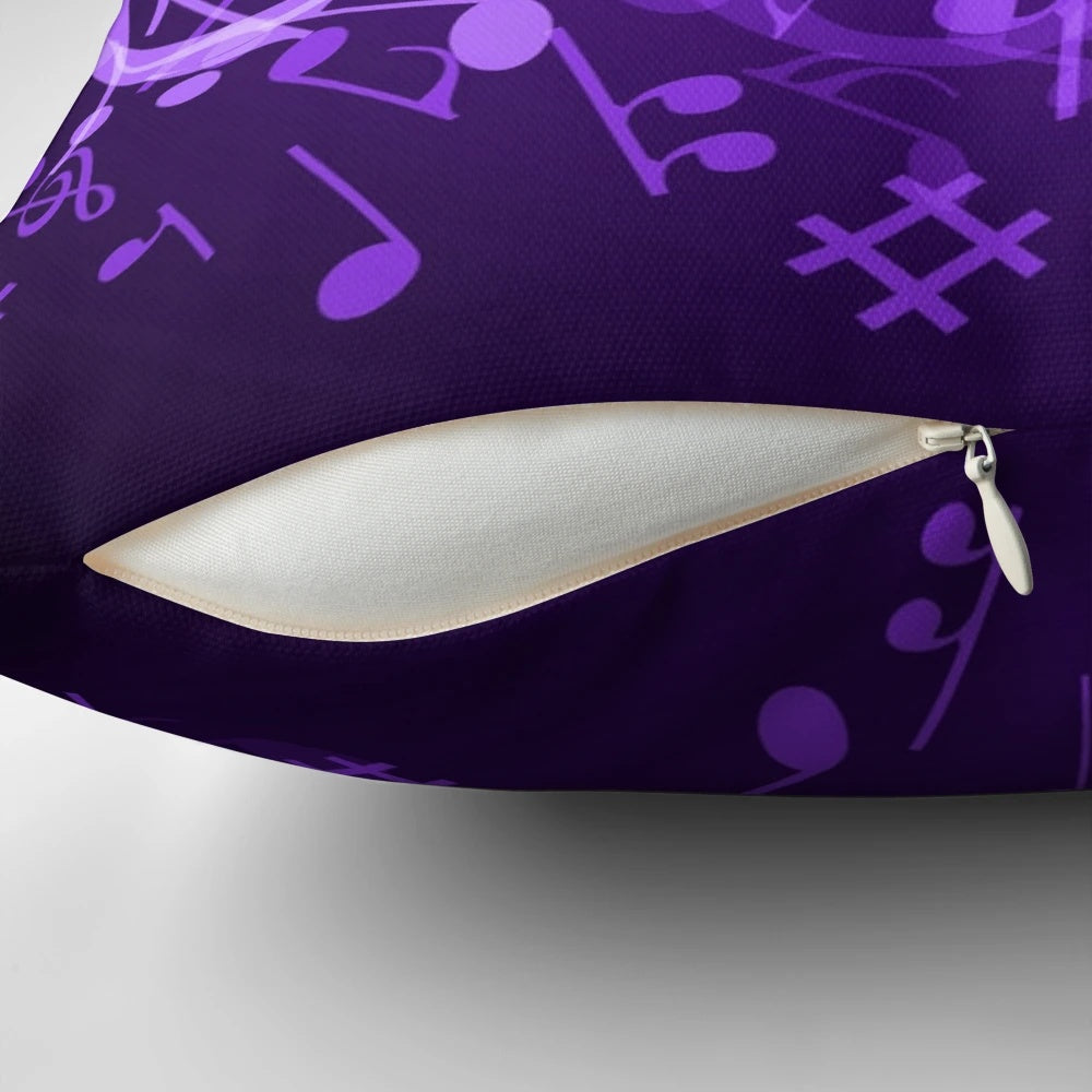 A stylish purple pillow with glowing music notes and a treble clef design, perfect for music enthusiasts.