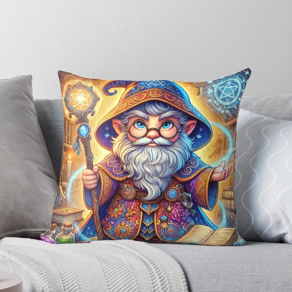 Gnome wizard pillow with magical design for Dungeons and Dragons fans
