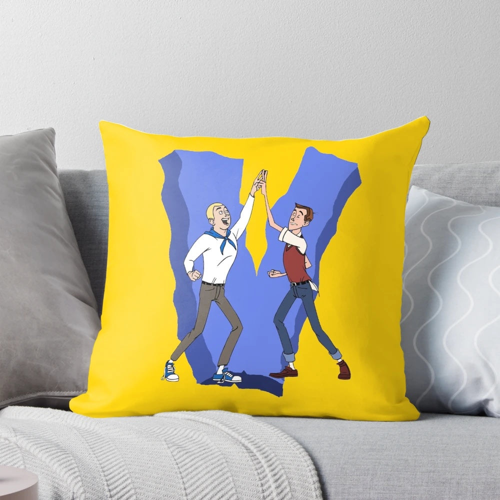 A soft, plush pillow featuring the iconic "Go Team Venture!" logo from the Venture Bros animated series.