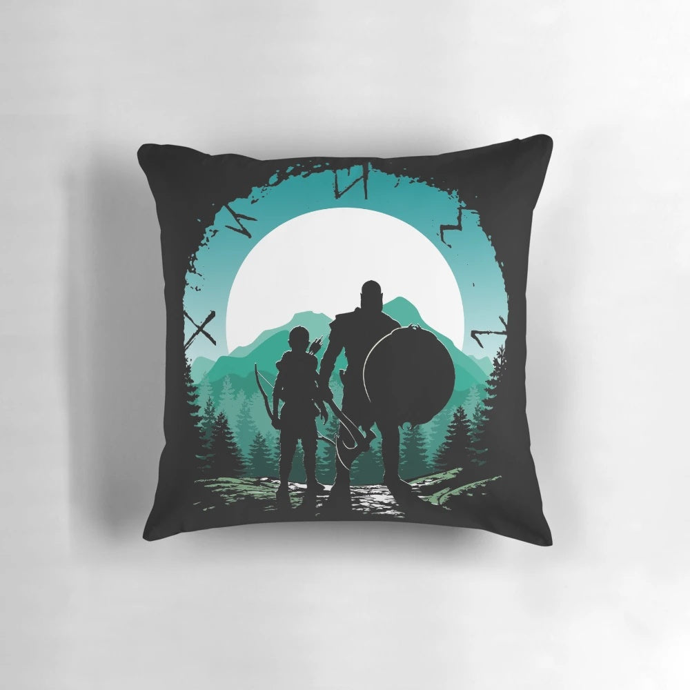 Decorative pillow featuring Kratos and his son Atreus from the God of War video game series