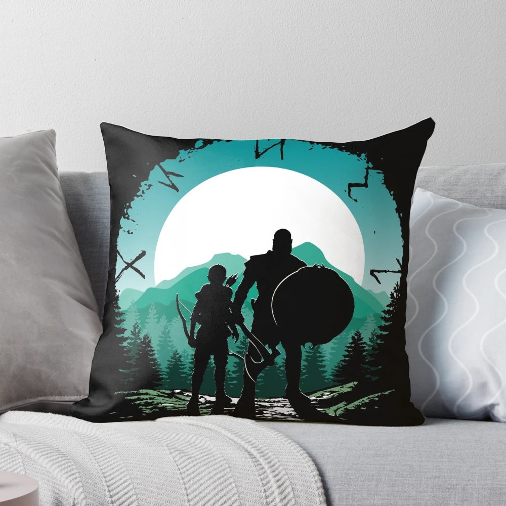 Decorative pillow featuring Kratos and his son Atreus from the God of War video game series