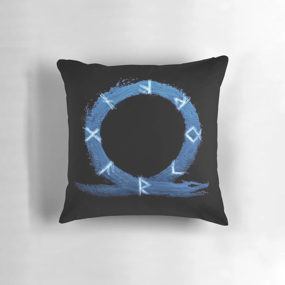 God of War Ragnarok logo embroidered on a soft, plush pillow
