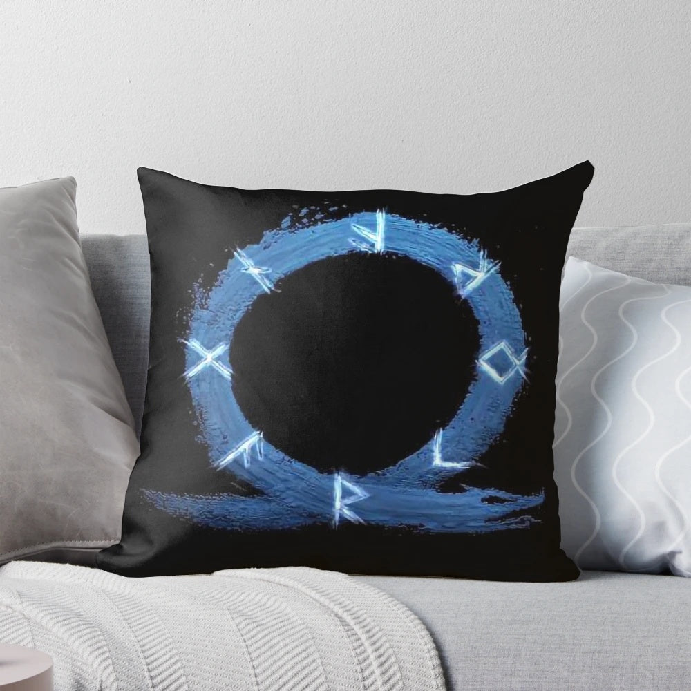 God of War Ragnarok logo embroidered on a soft, plush pillow