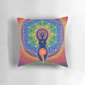 Vibrant pillow featuring a goddess figure in a beautiful rainbow and sacred geometry design, created by female artist Elspeth McLean.