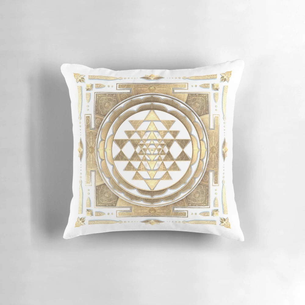 Golden Sri Yantra printed on a white background, a sacred geometry pillow for meditation and spiritual practices.