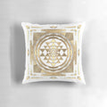 Golden Sri Yantra printed on a white background, a sacred geometry pillow for meditation and spiritual practices.