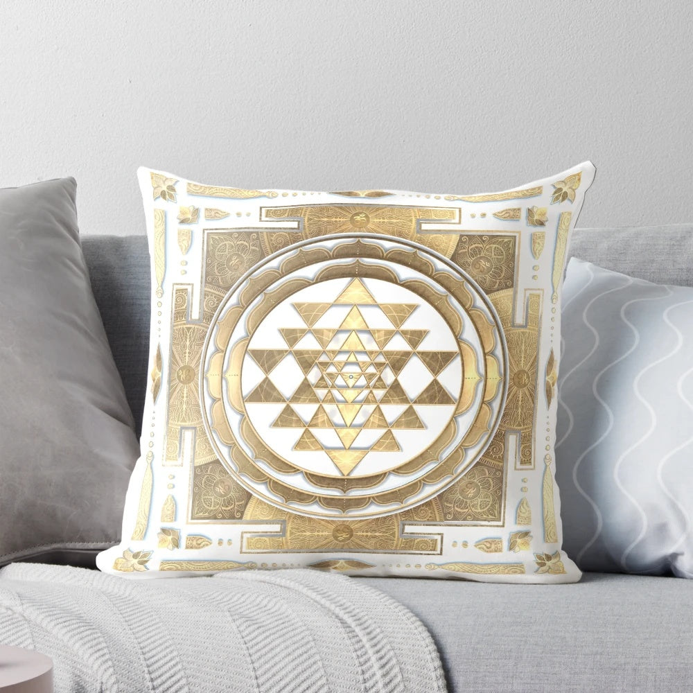 Golden Sri Yantra printed on a white background, a sacred geometry pillow for meditation and spiritual practices.