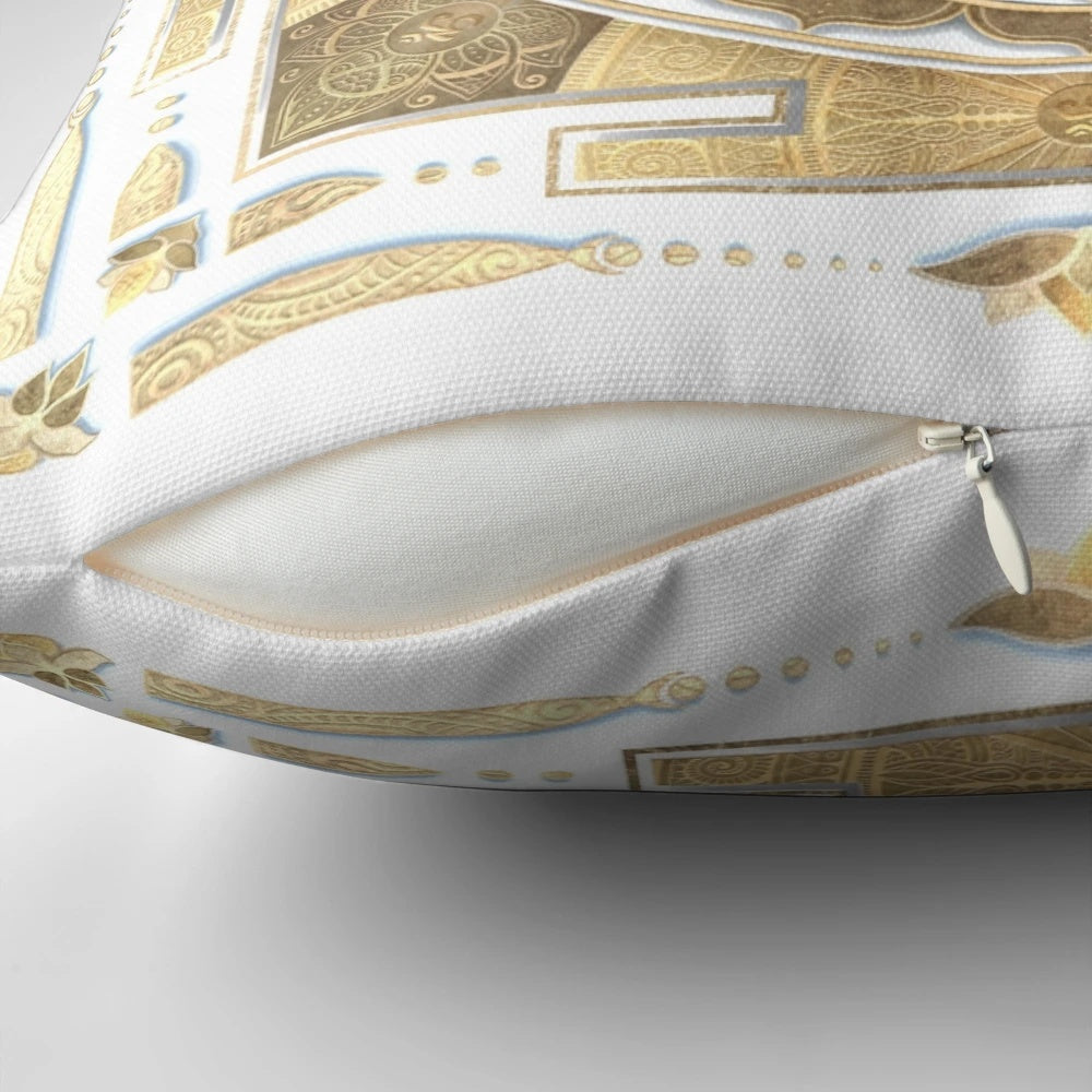 Golden Sri Yantra printed on a white background, a sacred geometry pillow for meditation and spiritual practices.