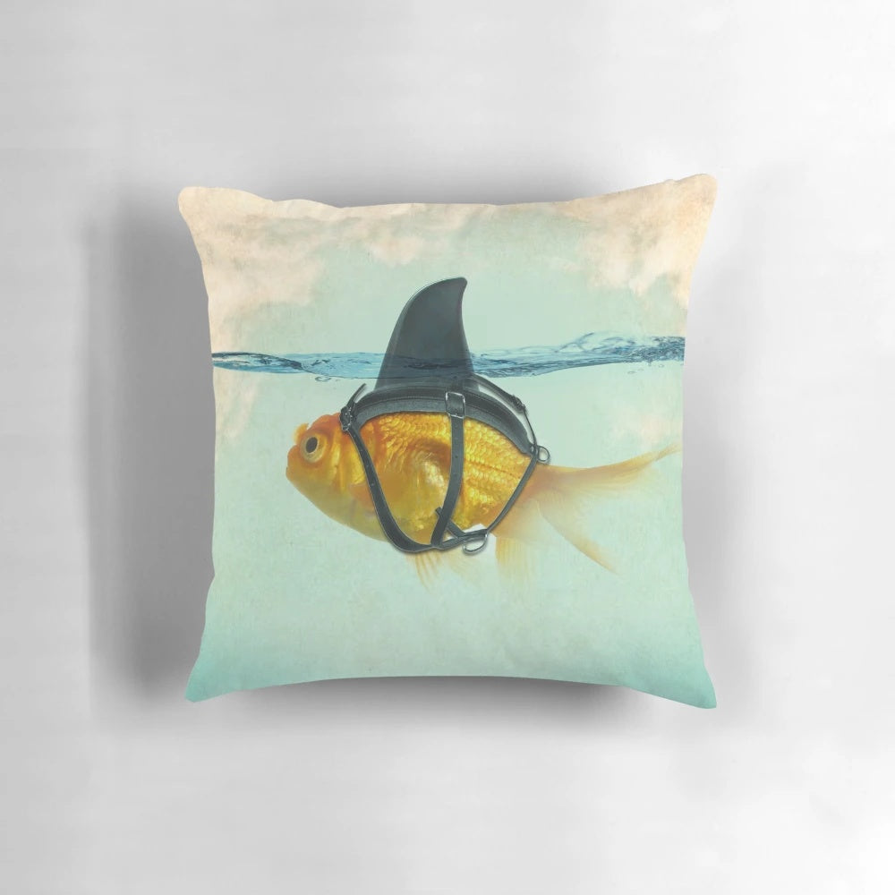 Playful decorative pillow featuring a goldfish with a shark fin design