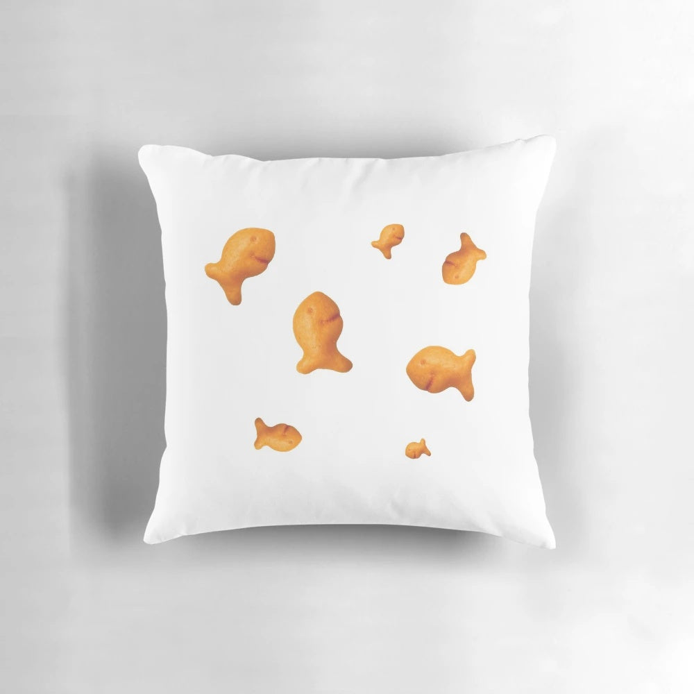 Goldfish-themed decorative pillow with scattered fish design