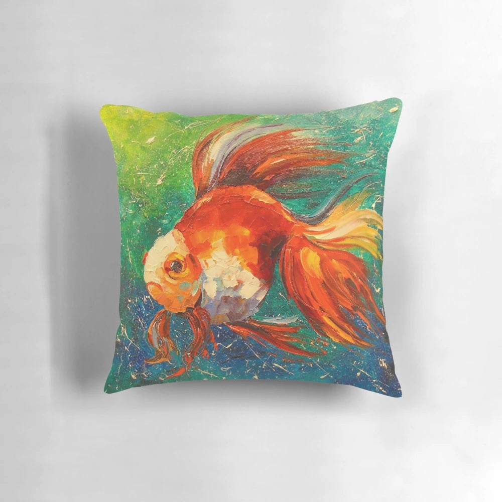 Vibrant goldfish painting printed on a soft, plush pillow for soothing home and office decor.