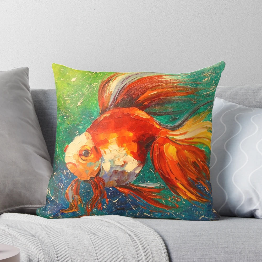 Vibrant goldfish painting printed on a soft, plush pillow for soothing home and office decor.