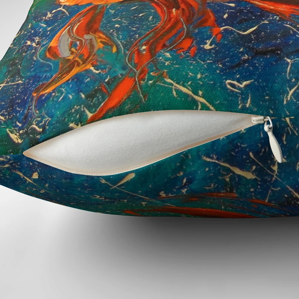 Vibrant goldfish painting printed on a soft, plush pillow for soothing home and office decor.