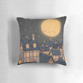Good night moon pillow with cats, houses, and a charming French village scene