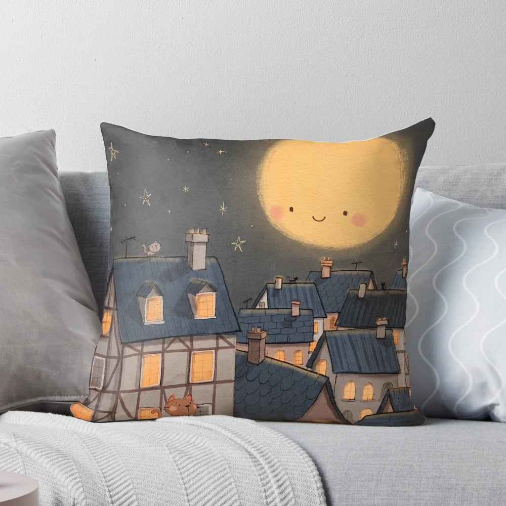 Good night moon pillow with cats, houses, and a charming French village scene