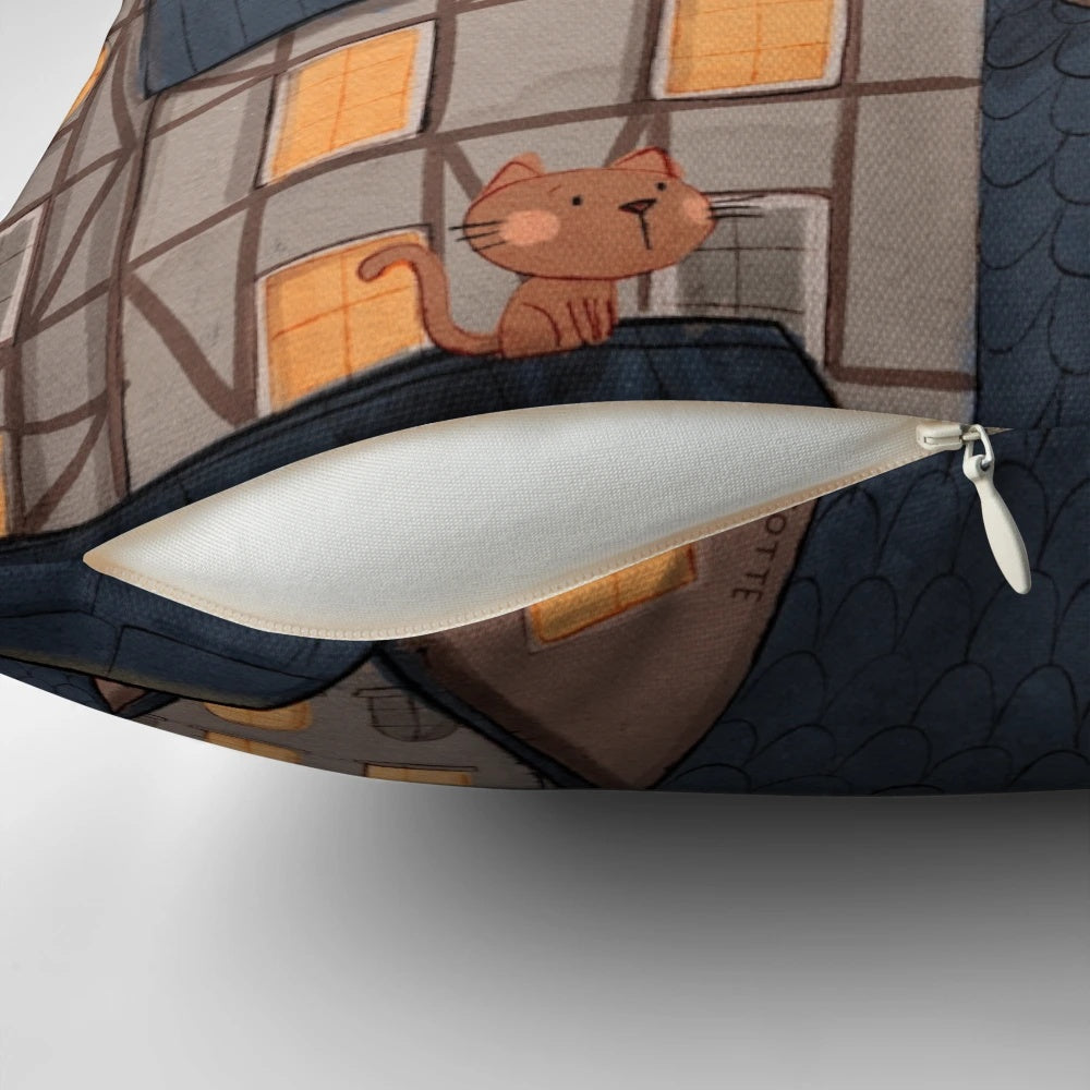 Good night moon pillow with cats, houses, and a charming French village scene
