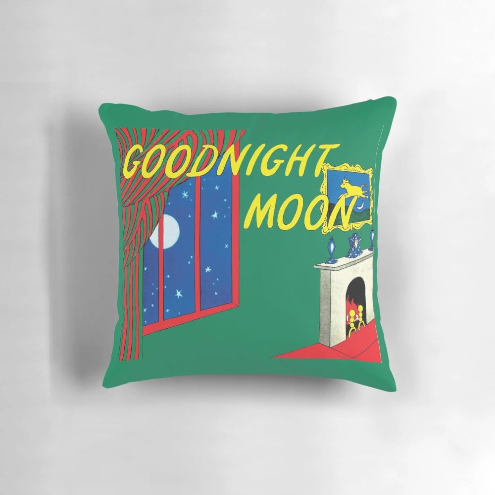 Soft, plush pillow featuring the iconic "Goodnight Moon" book cover design