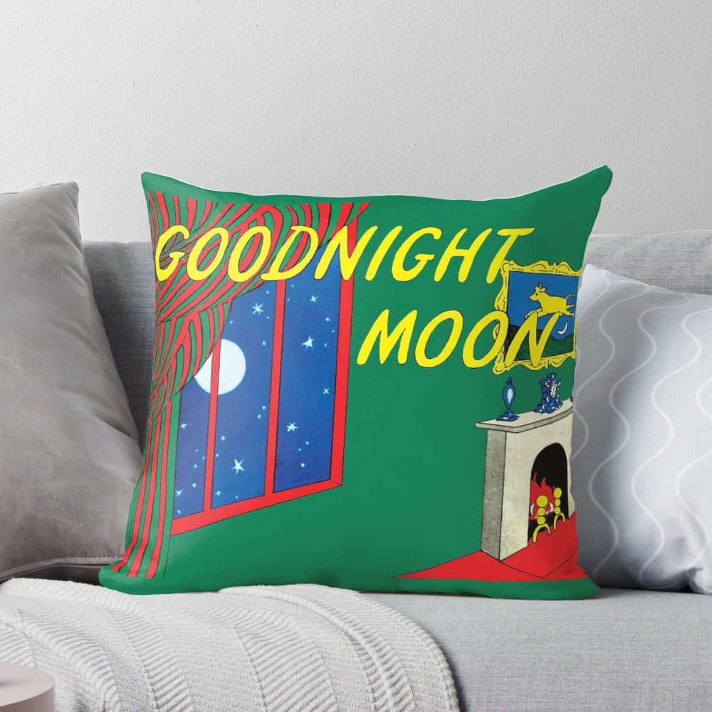 Soft, plush pillow featuring the iconic "Goodnight Moon" book cover design