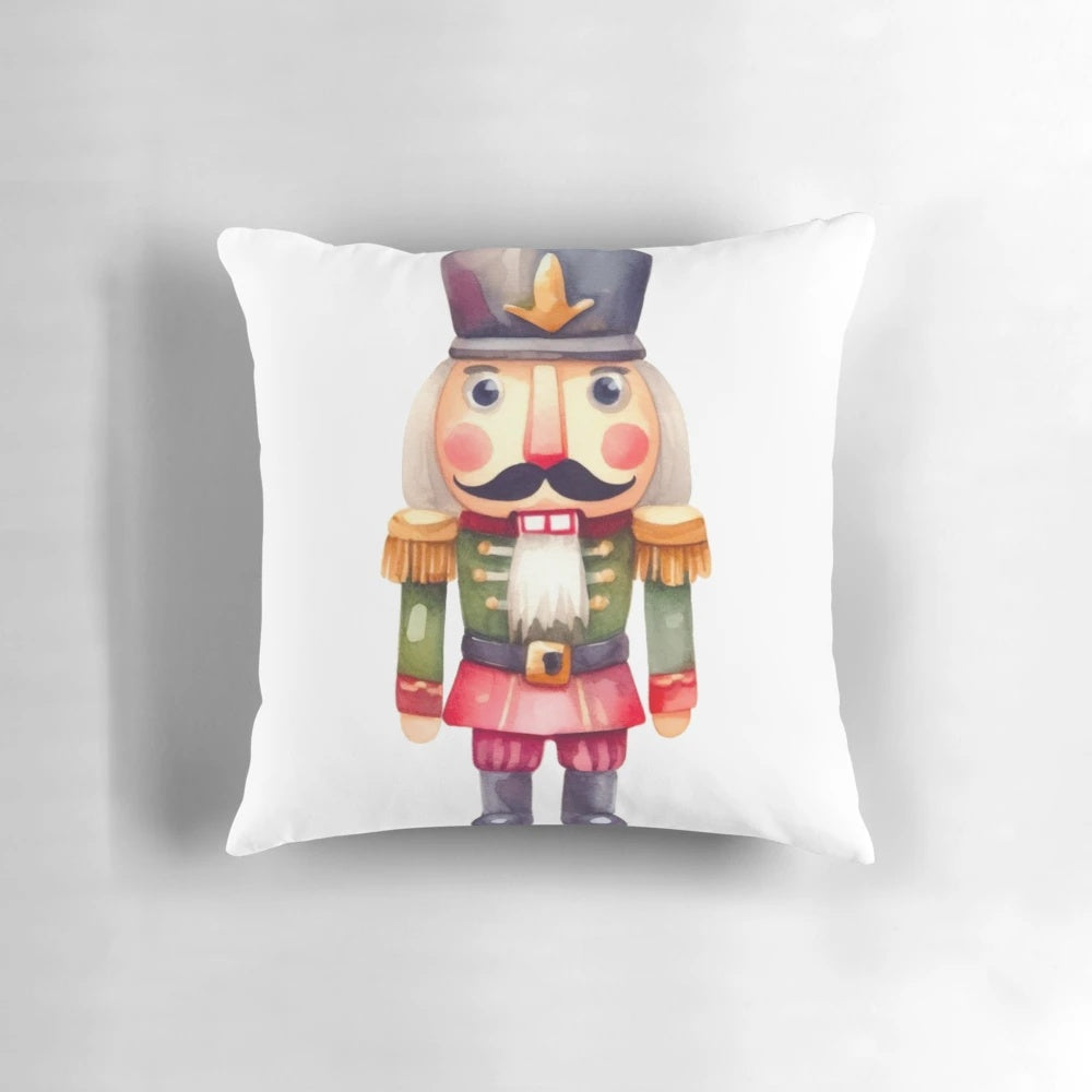 Goofy-looking nutcracker illustration printed on a plush Christmas pillow