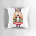 Goofy-looking nutcracker illustration printed on a plush Christmas pillow