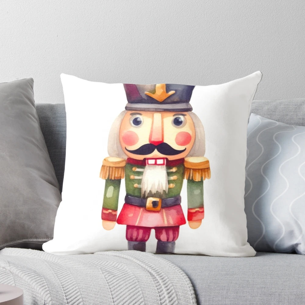 Goofy-looking nutcracker illustration printed on a plush Christmas pillow