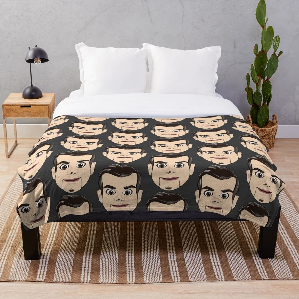 Goosebumps Slappy inspired plush blanket featuring horror movie imagery