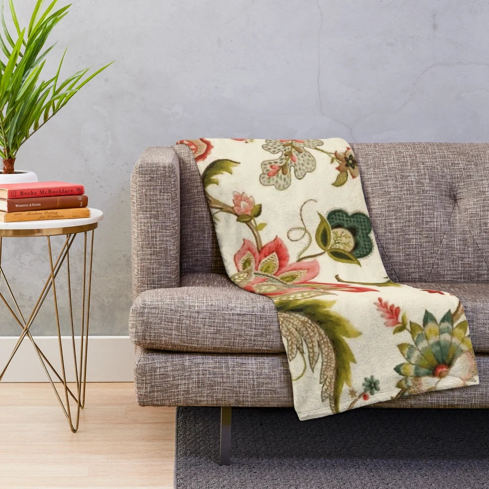 Jacobean floral crewel embroidery pattern digital art vector painting plush blanket