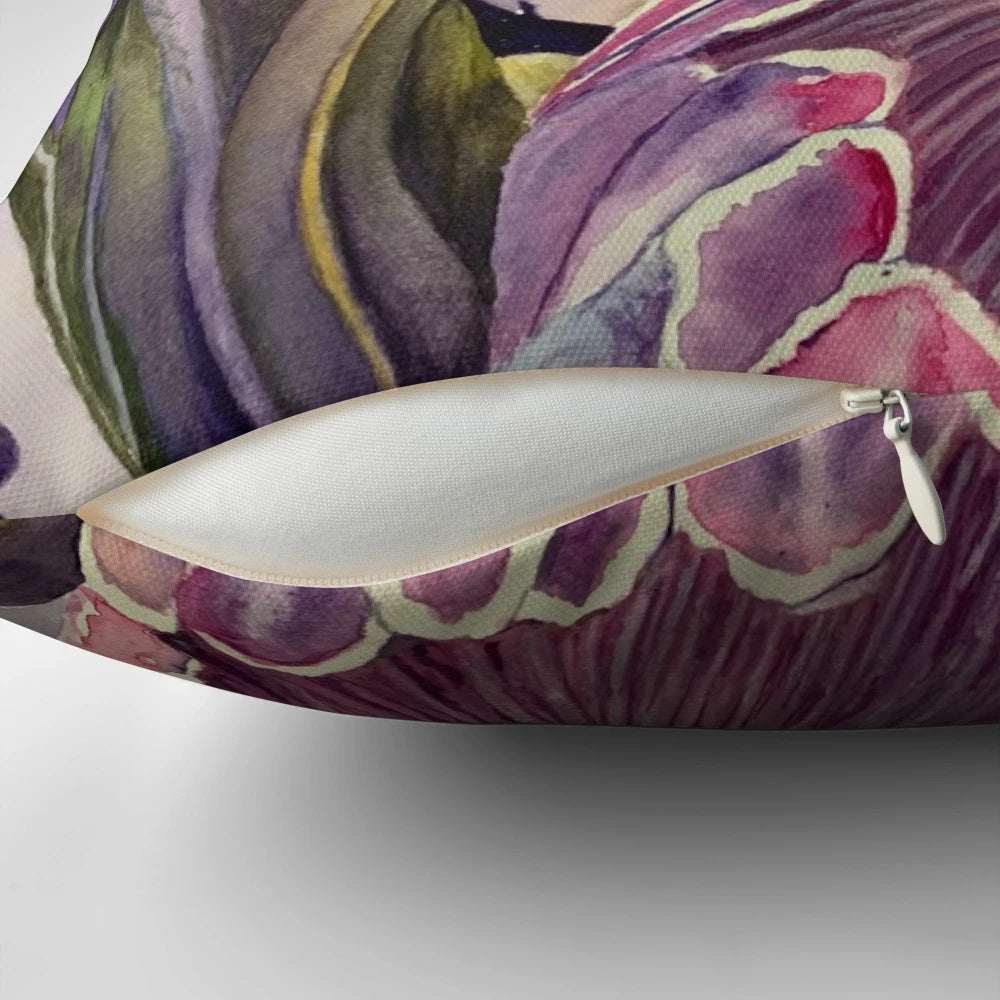 Vibrant watercolor painting of a protea flower showcased on a decorative throw pillow.